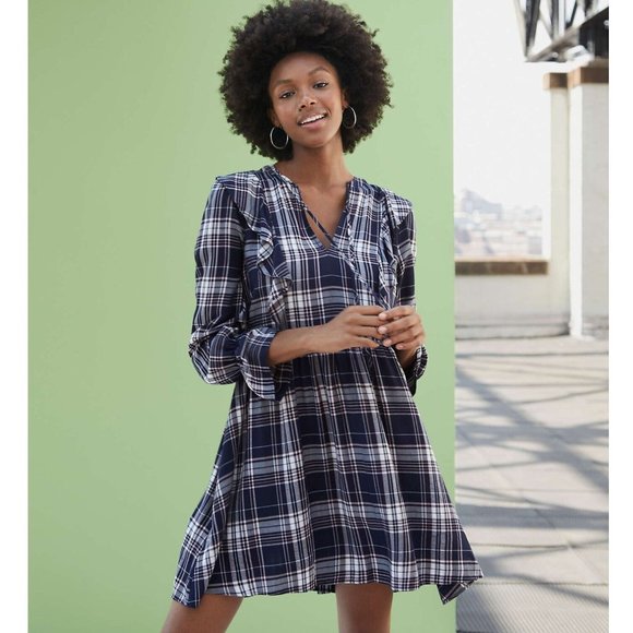 LOFT Dresses & Skirts - LOFT Dress Blue White Plaid Tie Neck Long Sleeve NWT